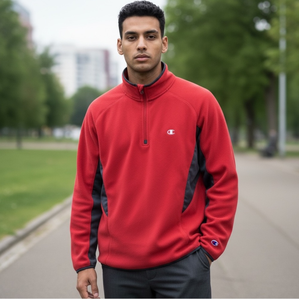 Champion Pullover Red/Grey  Micro-fleece Quarter Zip in Size L ‎ NWT
